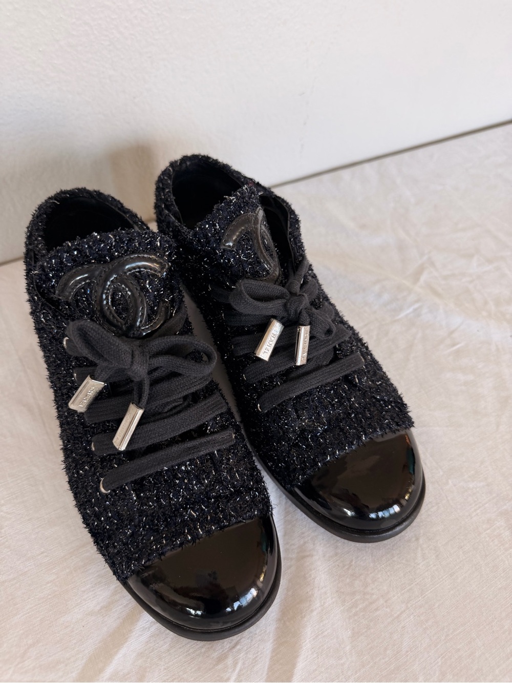 Chanel Black Tweed & Patent Lace-Up Sneakers